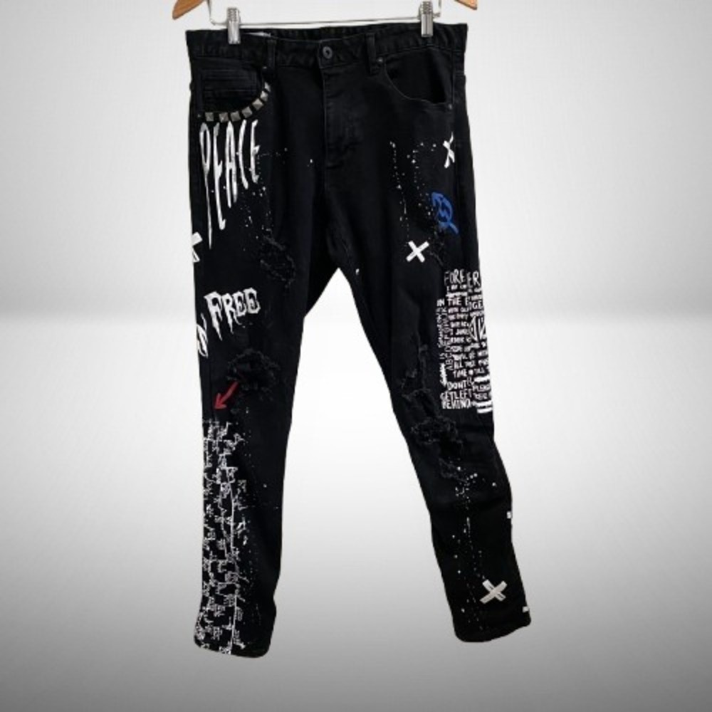 Smoke Rise Men's Jeans Distressed Studded Painted‎ Black 34 x 32